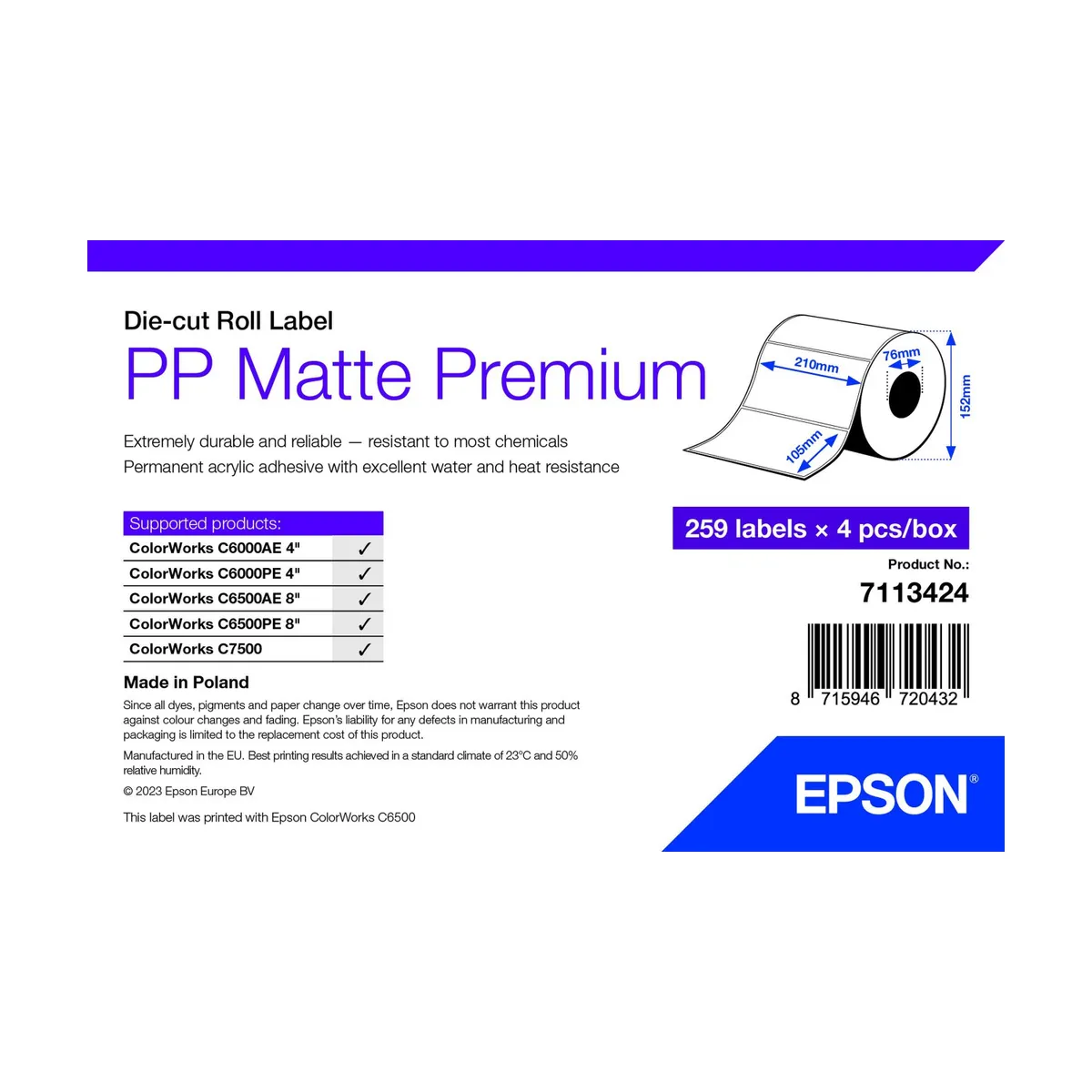 Epson 7113424 pp matte label premium die-cut roll 105x210mm 259 címkék #1