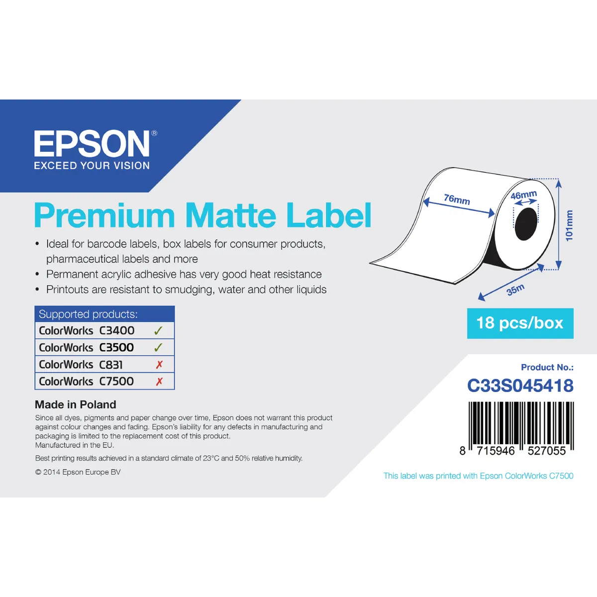 Epson C33S045418 premium matt címke folyamatos tekercs 76mm x 35m #1