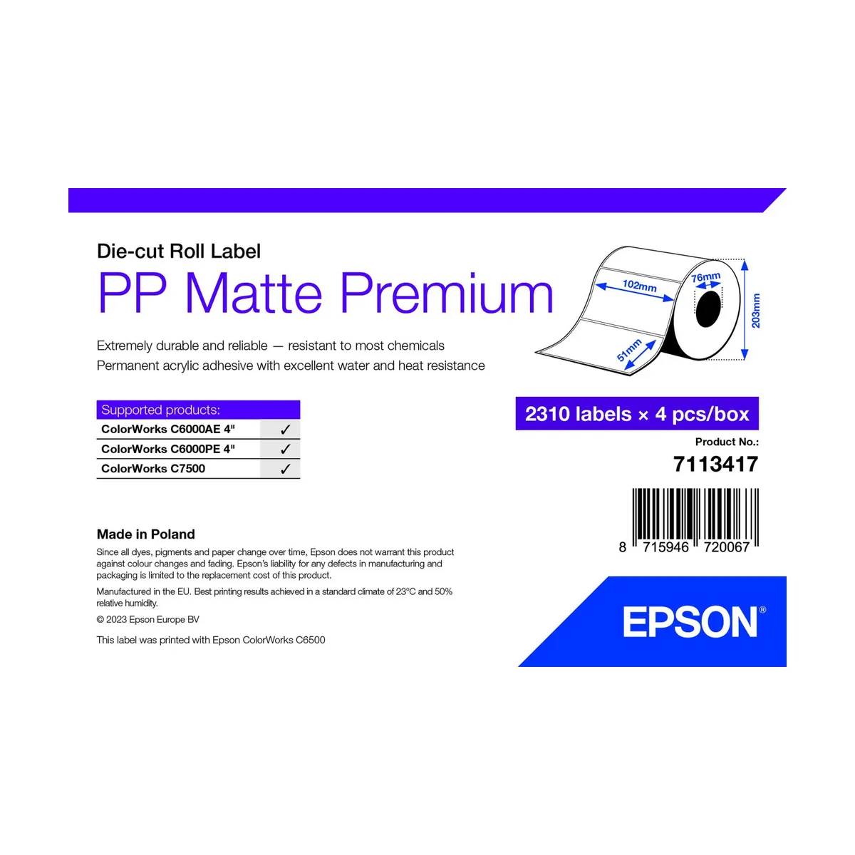 Epson 7113417 pp matt címke tekercs 102x51 mm 2310 címke #1