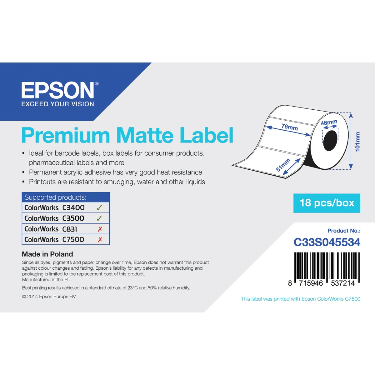 Epson C33S045534 Premium Matte Label 7,6 x 5,1 cm Fehér akril ragasztó 650 db #1