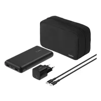 Belkin BU042KQBK BoostCharge power bank 20000 mAh 2x USB-A 1x USB-C 25W töltő 60W USB-C kábel cipzáras utazótok fekete