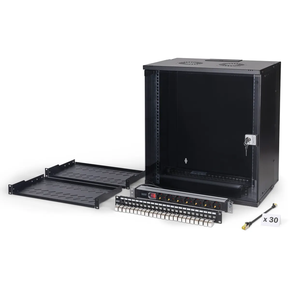 Assmann DN-49207-SET falra szerelhető 12U állvány 60 kg teherbírás IP20 fekete biztonsági kulcs kábelvezetés számítógépkeret sínek #1
