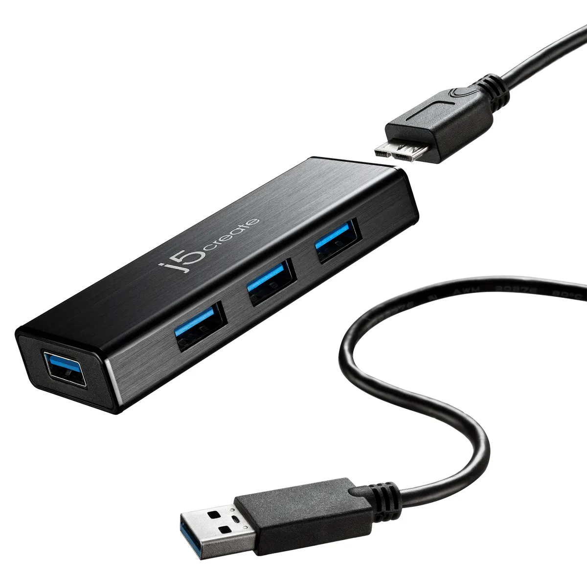 j5create JUH340-N USB 3.2 Gen 1 4-portos hub Micro-B bemenet Type-A kimenet alumínium fekete #1