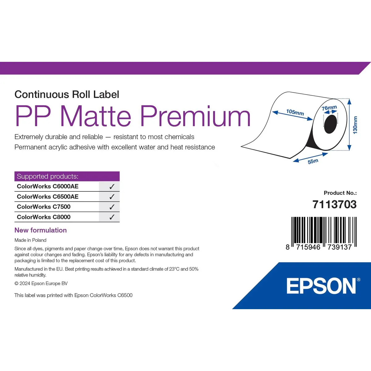 Epson 7113703 PP matt címke folyamatos tekercs 105 mm x 55 m max átmérő 13 cm #1