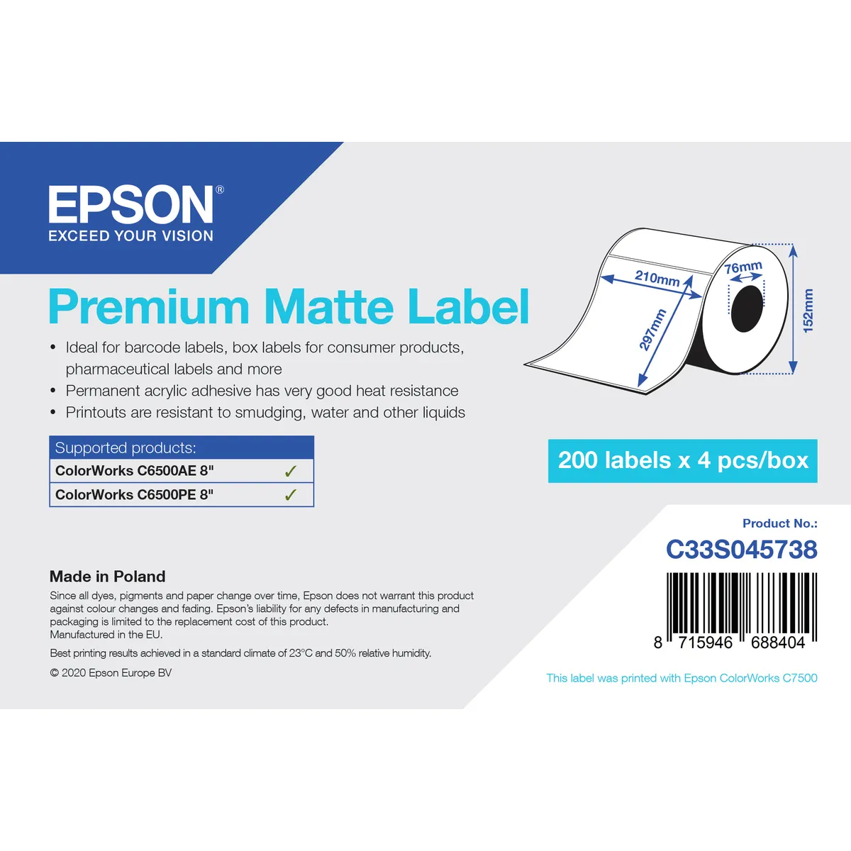 Epson C33S045738 prémium matt címke 210x297mm 200 db öntapadós tekercs kompatibilis ColorWorks CW-C6500Ae CW-C6500Pe #1