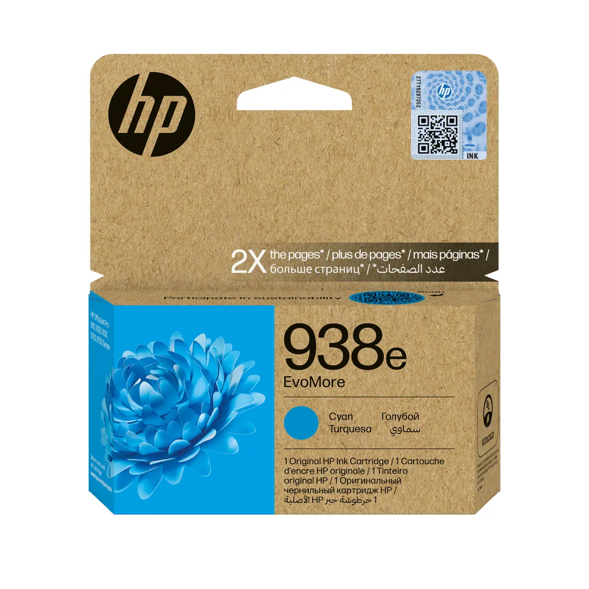 HP Inc. 4S6X9PE 938e EvoMore Cián eredeti tintapatron XL 1650 oldal 1 db #1