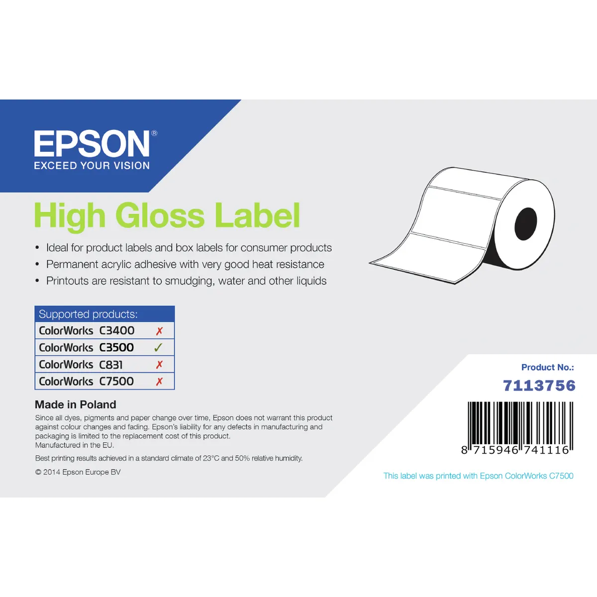 Epson 7113756 magasfényű öntapadós címke tekercs 76mm x 51mm 610 címkék #1