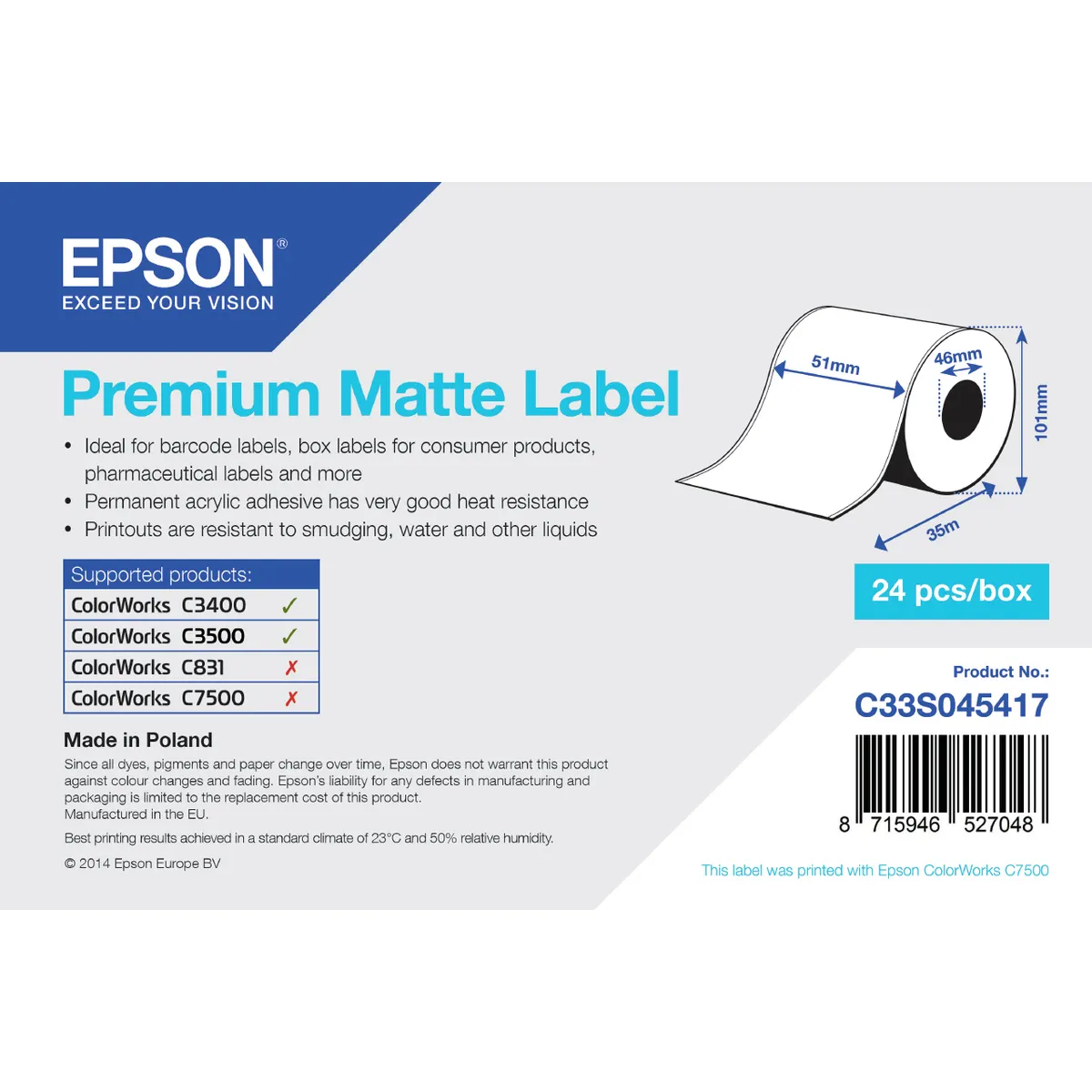 Epson C33S045417 Premium matt label 51mm x 35m, matt felület, folyamatos tekercs, 163 g per m2, kompatibilis TM-C3400 #1