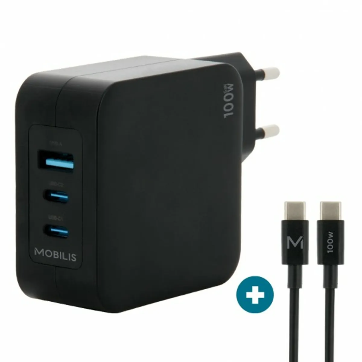 Mobilis 001365 töltő GaN 100 W 2x USB-C 1x USB-A 2 m kábel #1