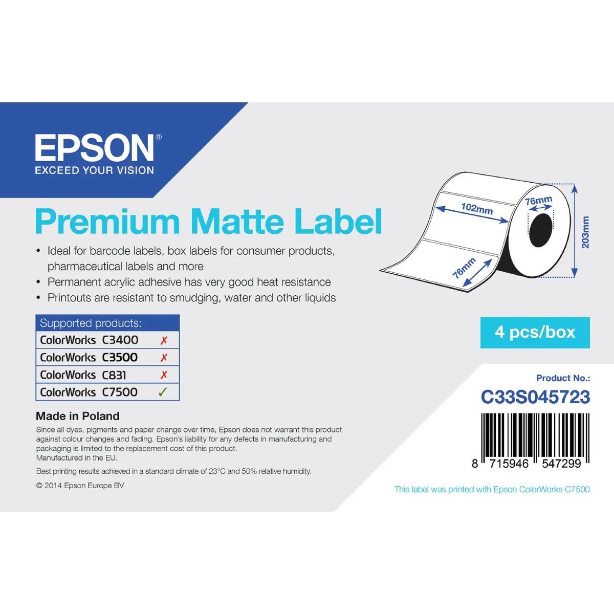 Epson C33S045723 Premium Matte Label 102x76 mm 1570 db fehér akril ragasztó #1