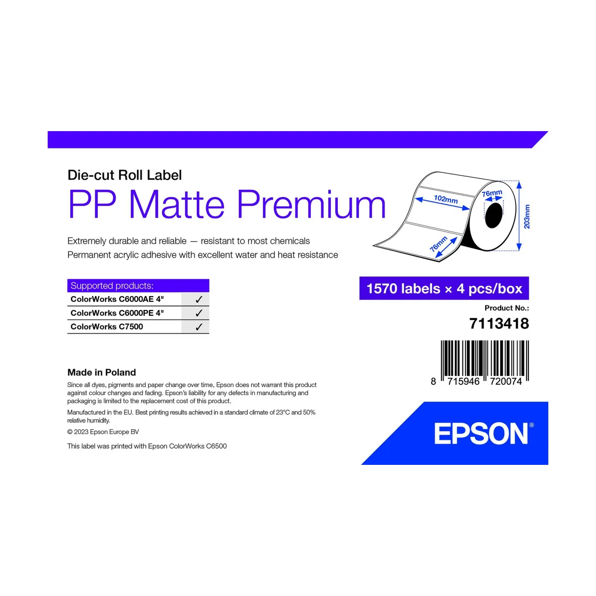 Epson 7113418 PP MATTE LABEL PREM DIE-CUT ROLL 102x76 mm 1570 címkék #1