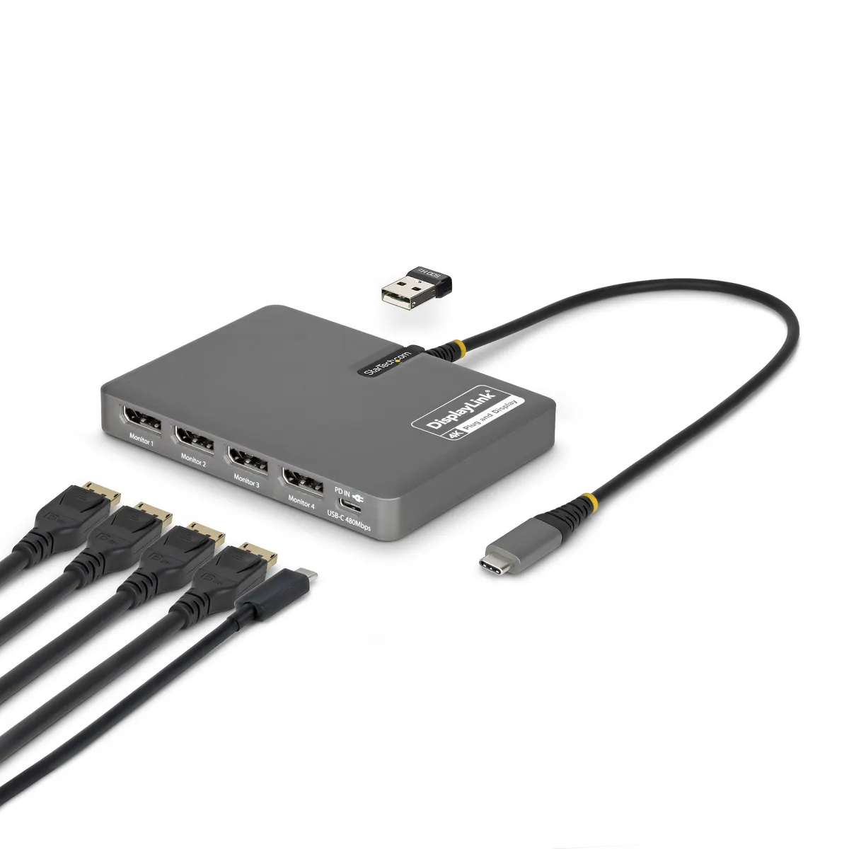 Startech.com QUAD-USB-DP-ADAPT USB-C bemenetű négy DisplayPort kimenetű adapter 4K 60Hz PD 140W #1