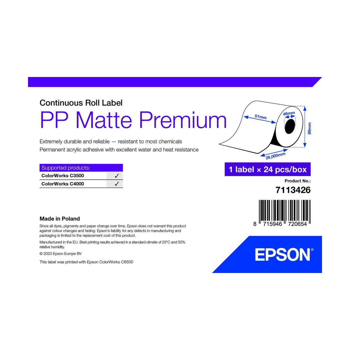 Epson 7113426 PP Matte Label Premium Tekercs 51mm x 29m, Öntapadós, Matt felület, Akril ragasztó, Fehér, Vízálló, Hőálló, Téglalap #1