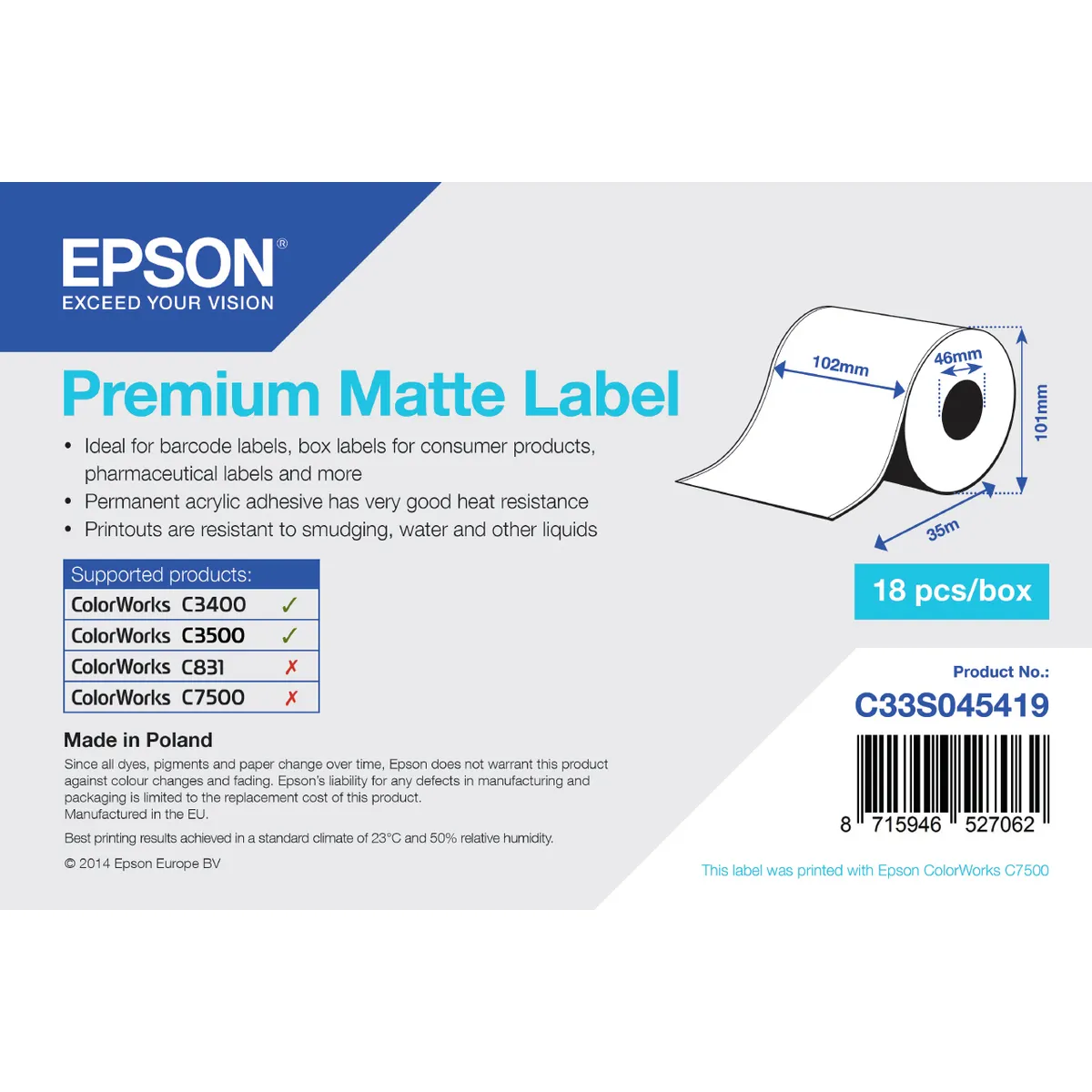 Epson C33S045419 prémium matt címke 102mm x 35m folyamatos tekercs TM-C3400 kompatibilis #1