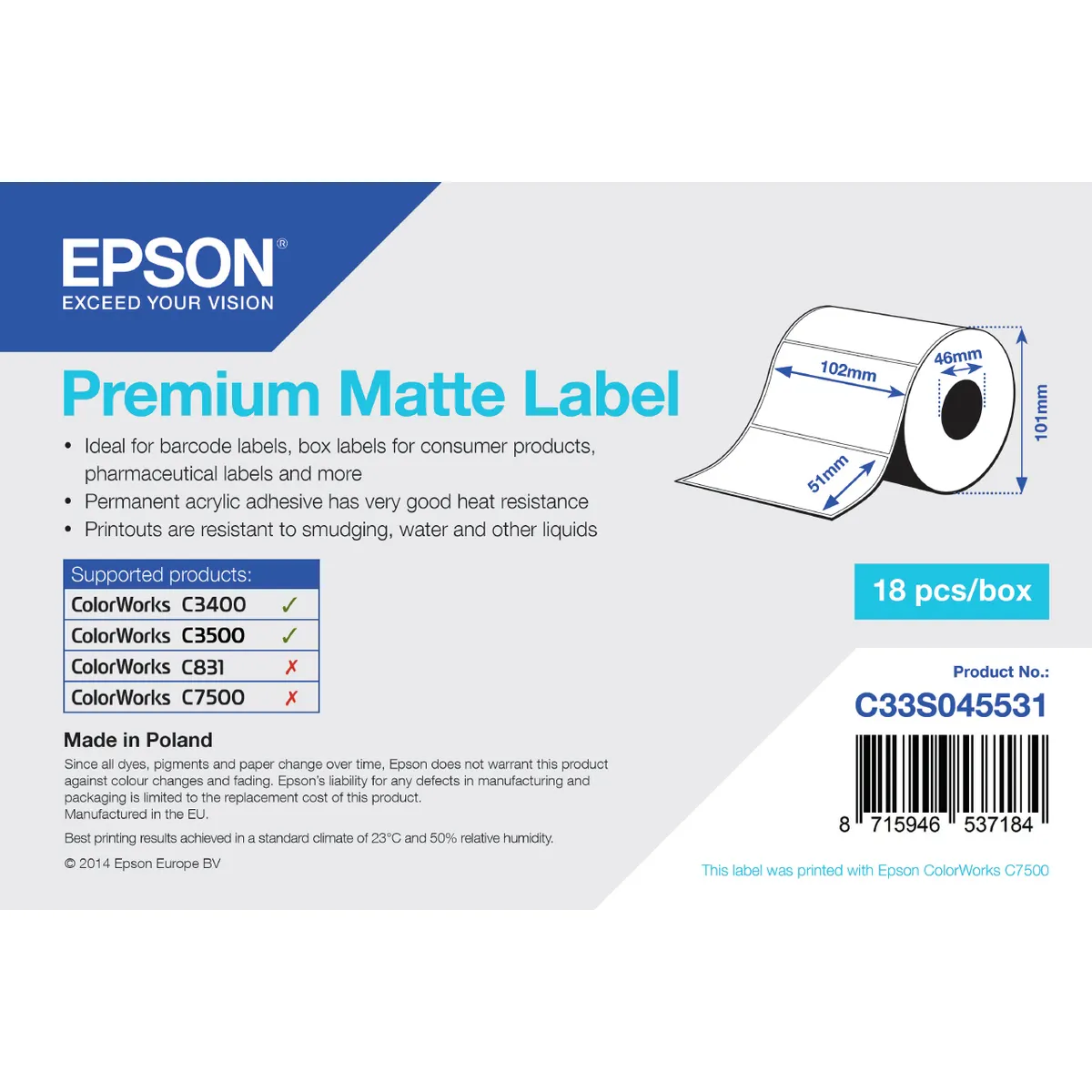 Epson C33S045531 Premium Matte Label 102 mm x 51 mm, 650 címkék, tintasugaras nyomtatáshoz #1