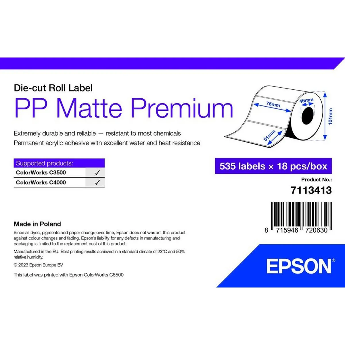 Epson 7113413 pp matt címke prémium kivágott tekercs 76x51mm 535 címkék #1
