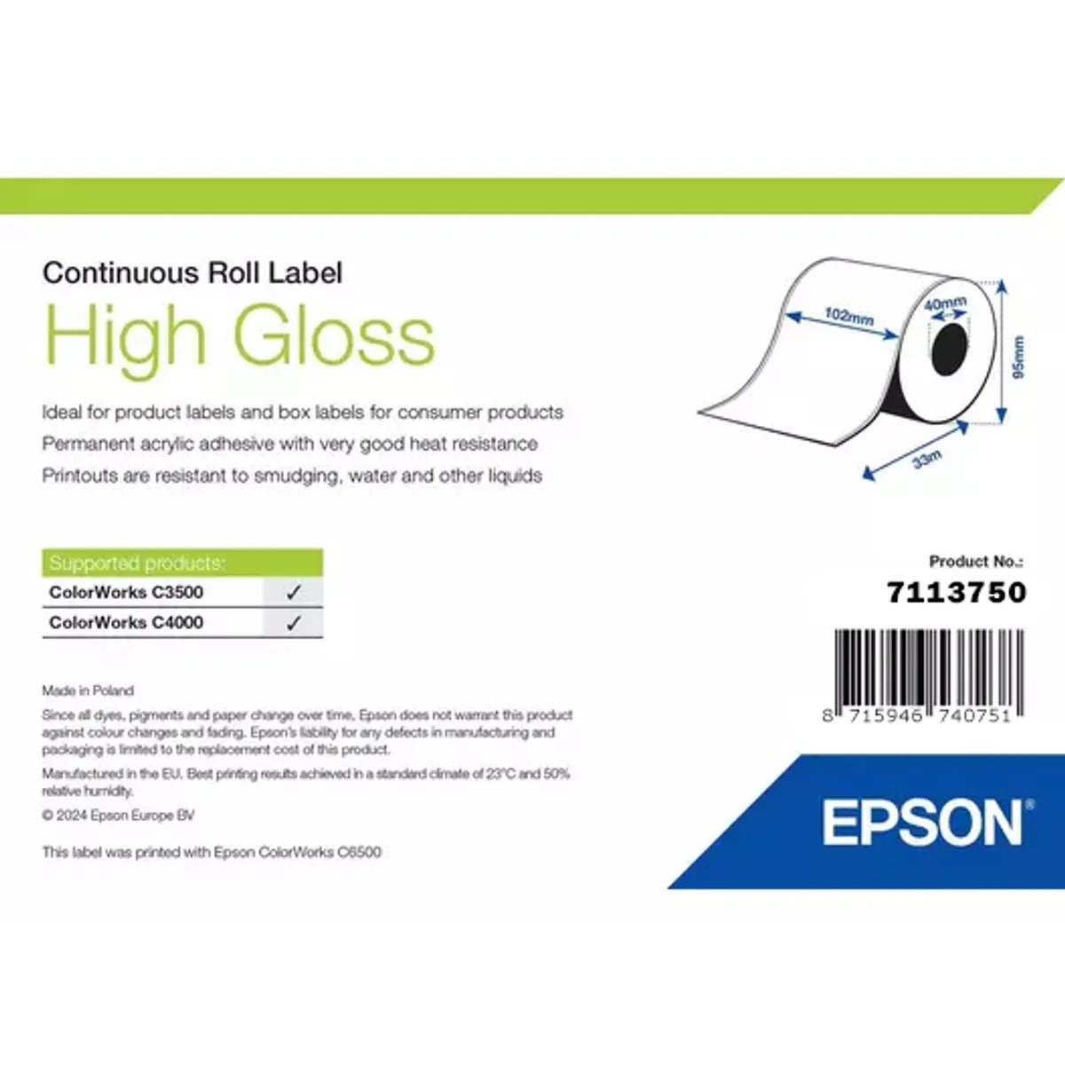 Epson 7113750 magasfényű öntapadós címke folyamatos tekercs 102mm x 33m #1