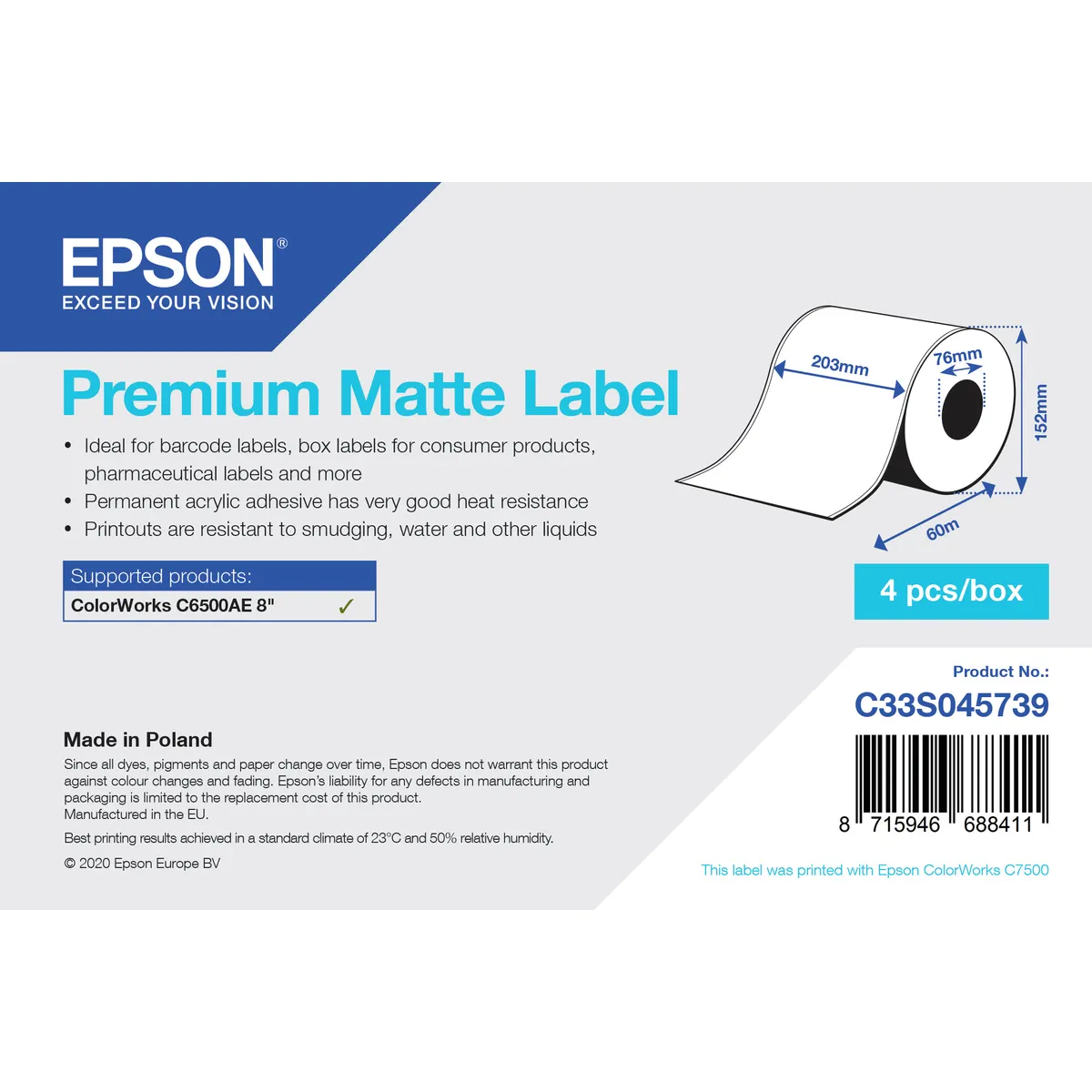 Epson C33S045739 Premium matt címke folyamatos tekercs, 20,3 cm x 60 m #1