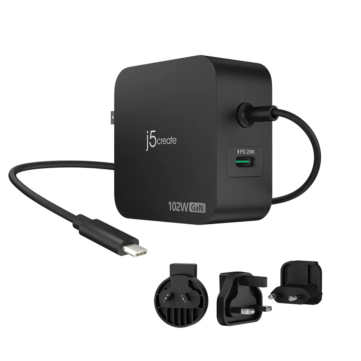 J5create JUP25102V-N 102W GaN PD USB-C 2-port töltő cserélhető AC dugók 1,8 m kábel fekete #1